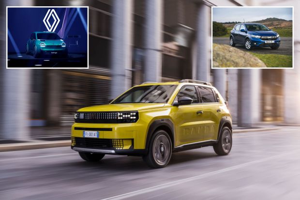 Collage of three cars: a green city car, a yellow SUV, and a blue hatchback.