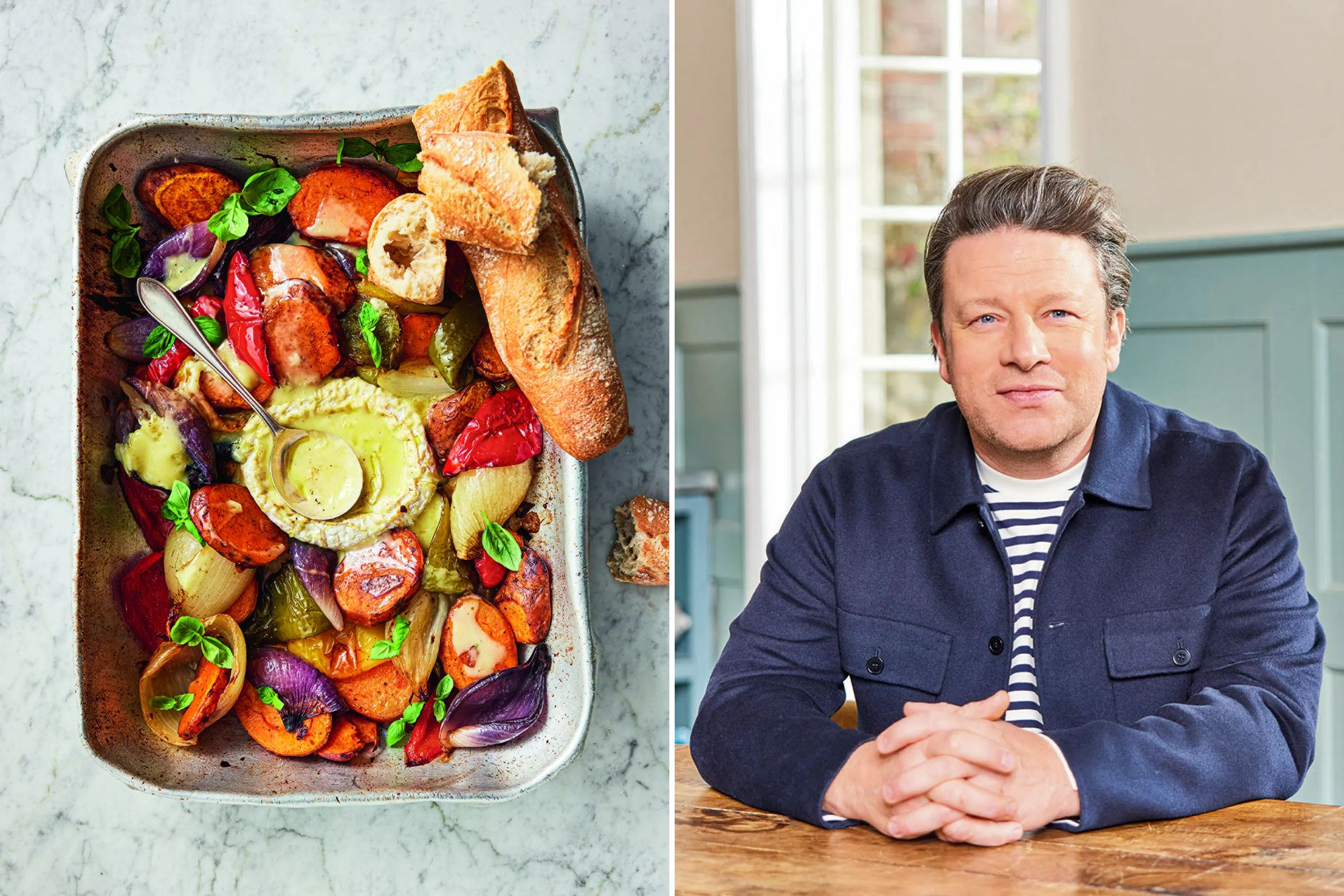 Jamie's festive roasted vegetables with camembert and baguette.