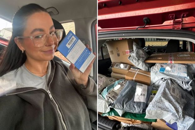 Woman holding a package, car trunk full of packages.