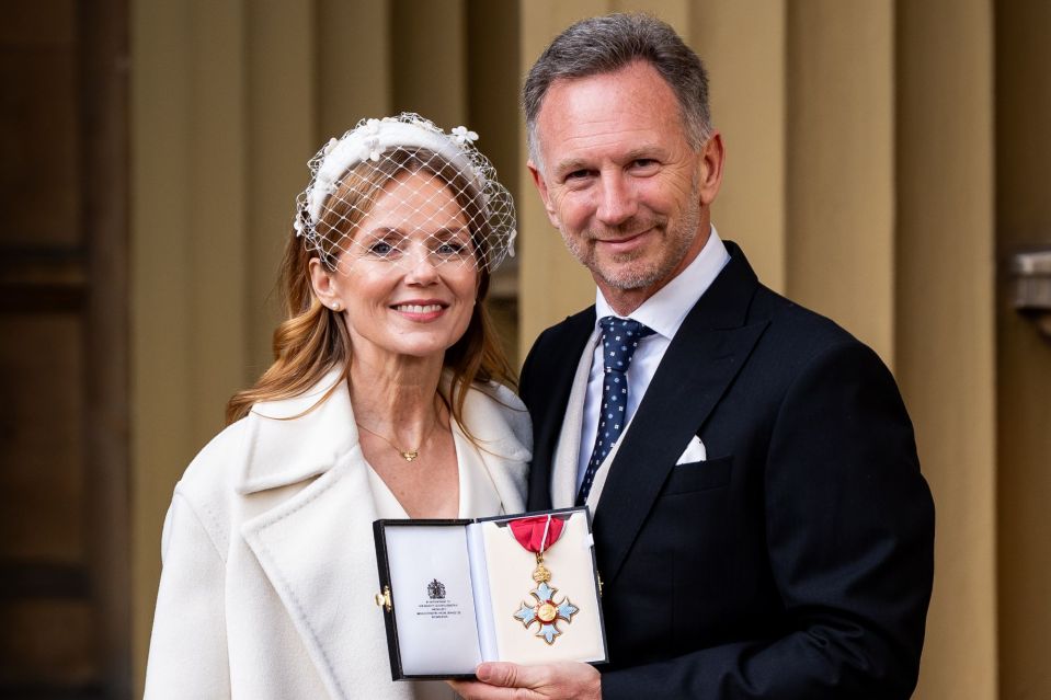 F1 boss Christian Horner put his hellish year behind him as he collected a CBE — with Spice Girl wife Geri by his side