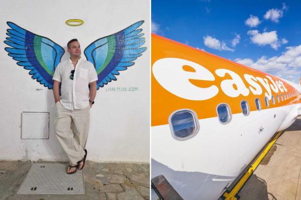 Man standing by angel wings mural, next to an EasyJet plane.