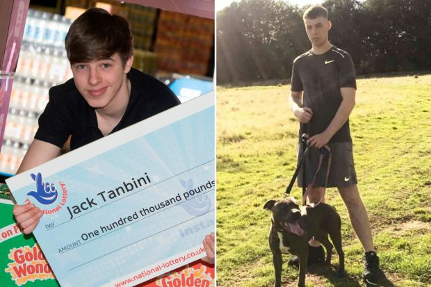 Jack Tanbini holding a National Lottery check for £100,000 and walking his dog.