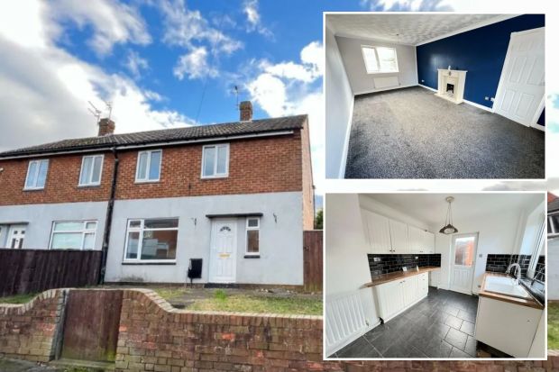 Collage showing exterior and interior of a renovated terraced house.