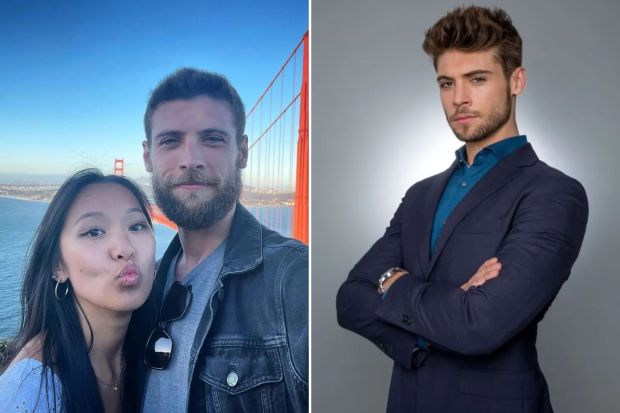 Collage of a couple at the Golden Gate Bridge and a man in a suit.