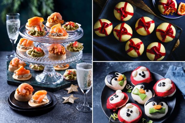 Collage of festive food: canapés, and Christmas-themed bao buns.