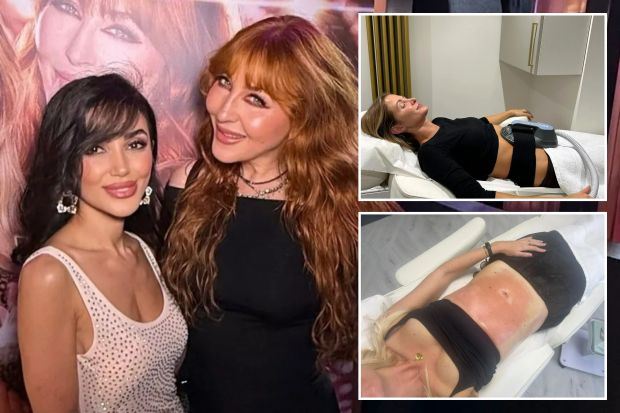 Collage of photos showing two women together, and two women receiving body treatments.