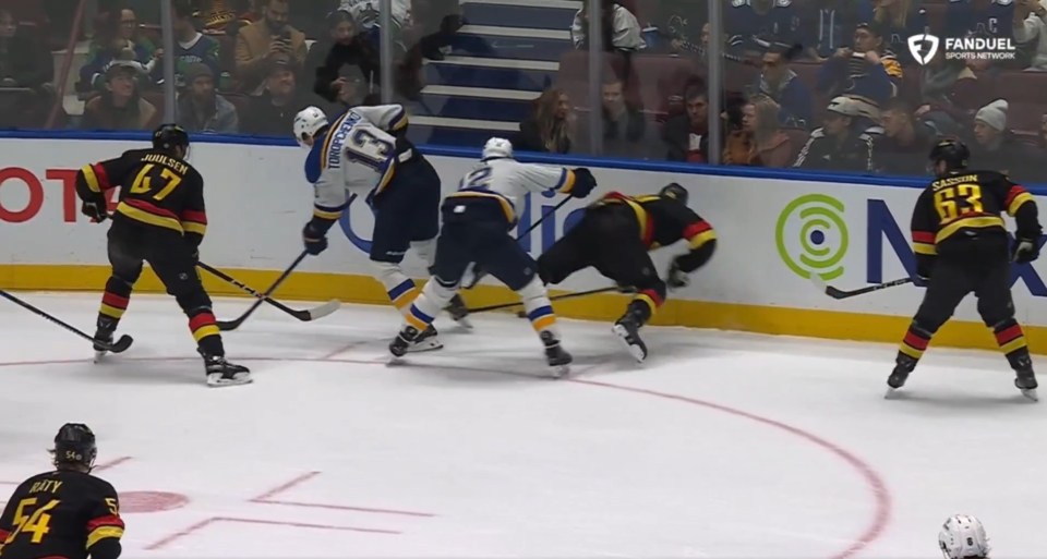 Hockey players colliding on the ice.