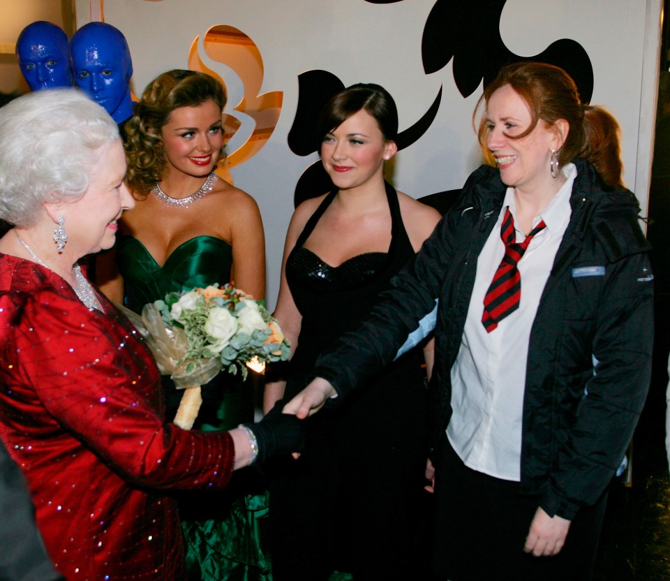 HM Queen Elizabeth II meets singers Katherine Jenkins, Charlotte Church and comedienne Catherine Tate backstage following the Royal Variety Performance