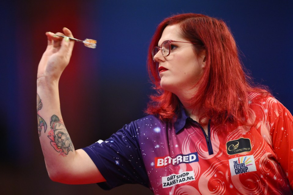 Noa Lynn Van Leuven of the Netherlands in action in the Betfred World Matchplay Finals at Winter Gardens on July 21, 2024 in Blackpool, England.