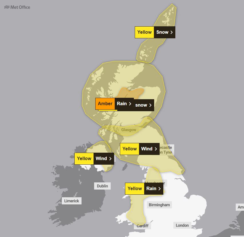 Scotland, Wales, Northern Ireland and northern England are covered by a swathe of Met Office weather warnings