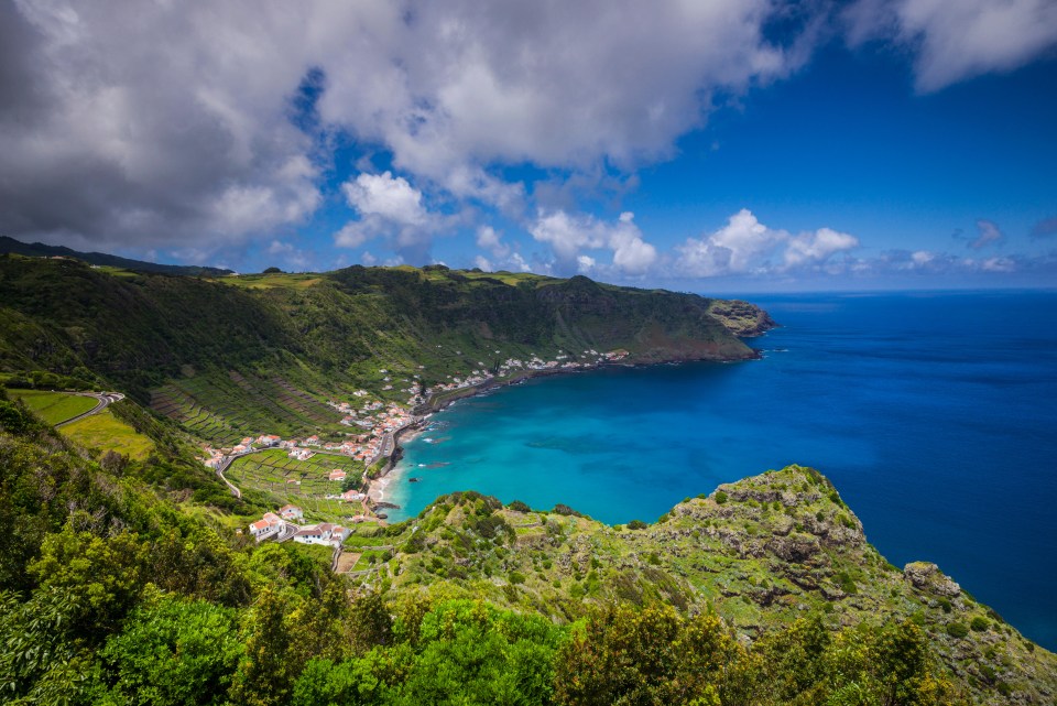 Sao Lourenco village on Santa Maria Island, Azores, overlooking Baia do Sao Lourenco bay.