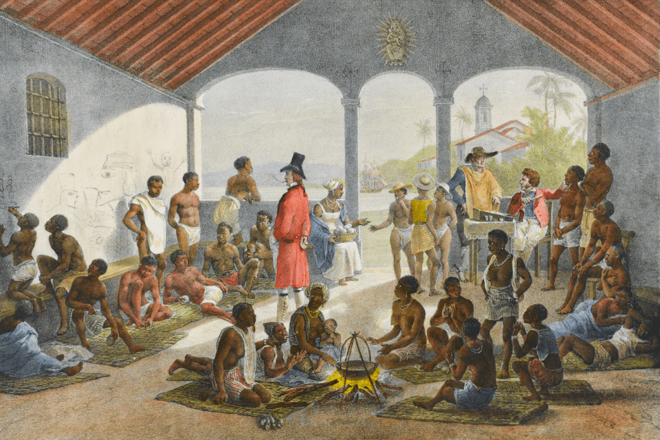 A painting of a slave market in Brazil when Confederates arrived