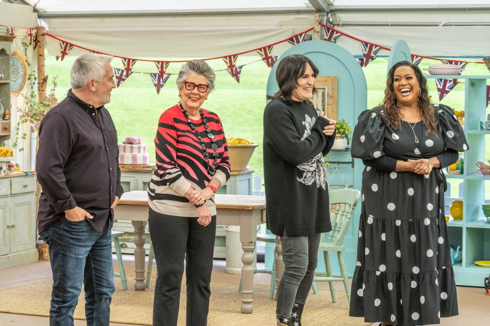 Paul Hollywood, Prue Leith, Noel Fielding, and Alison Hammond on the set of the Great British Baking Show.