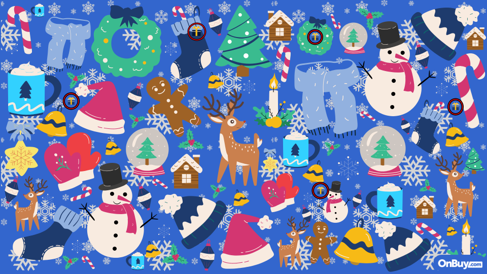 Find five presents hidden among Christmas imagery.