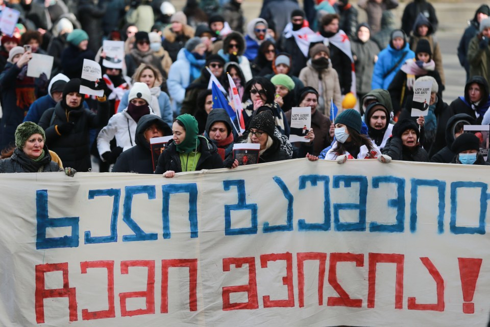 Protestors in Tbilisi, Georgia hold a banner reading "Hands off my child" in Georgian during a presidential election protest.