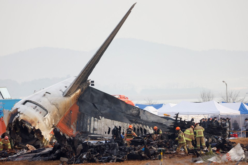 Firefighters investigate the crash site following Sunday's disaster