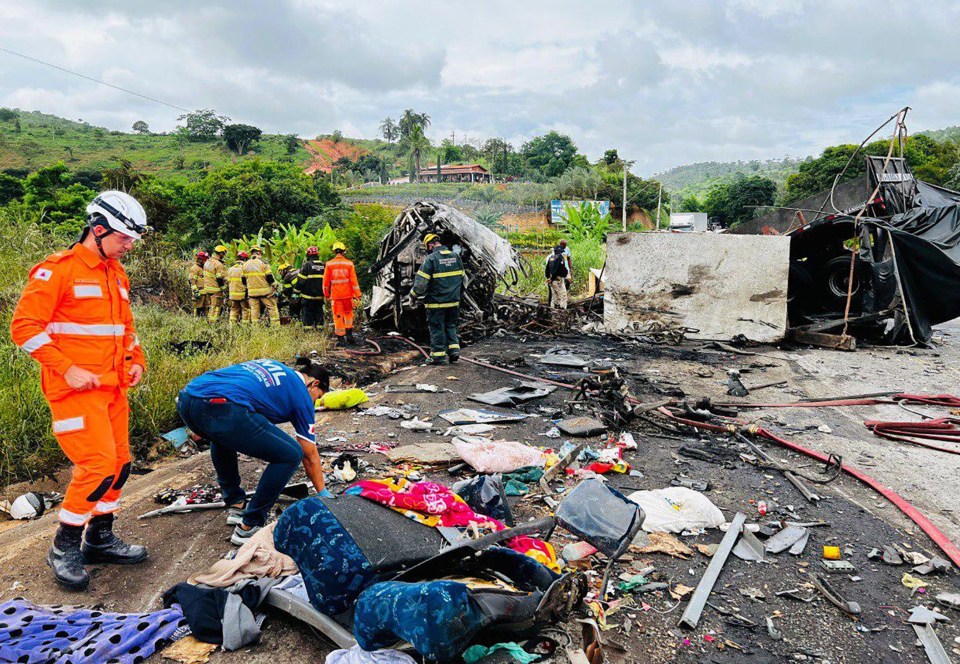 Debris was sent flying across the road in the horror crash with bus seats seen strewn across the ground