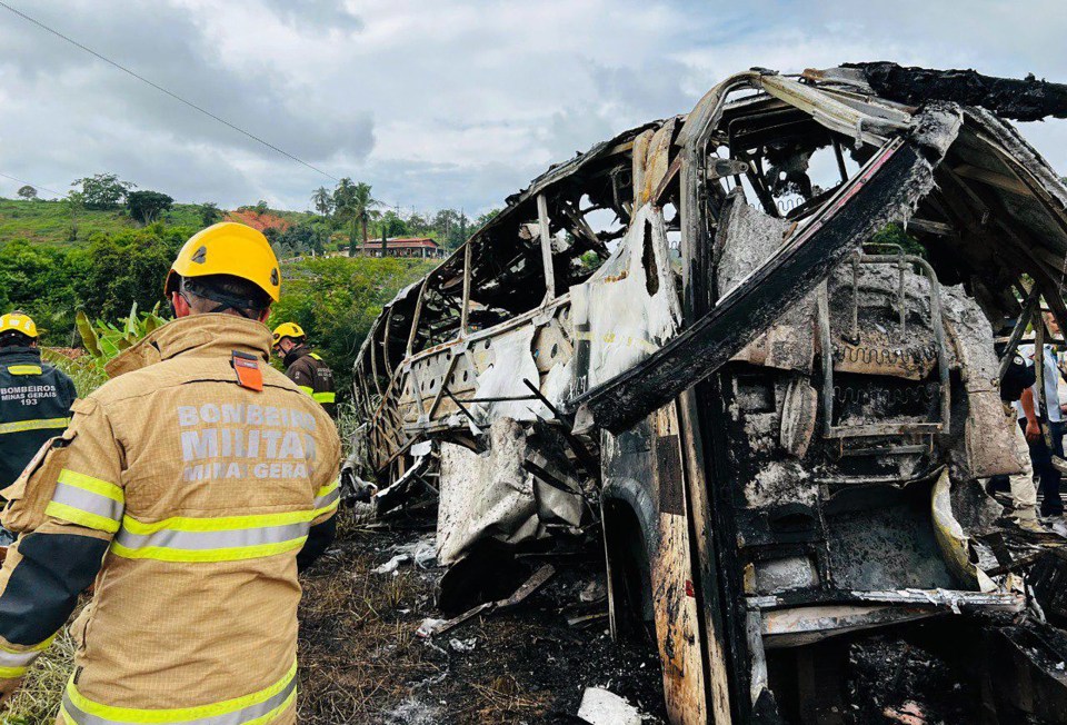 The burnt out wreckage of the bus after the collision