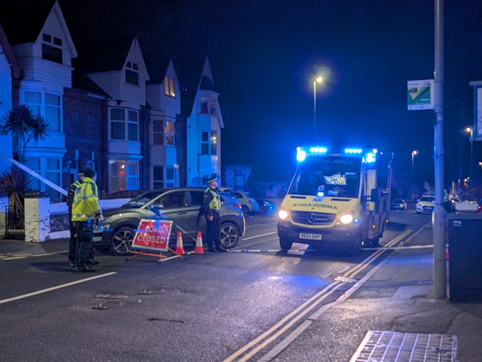 Police at a night-time crime scene; road closed.