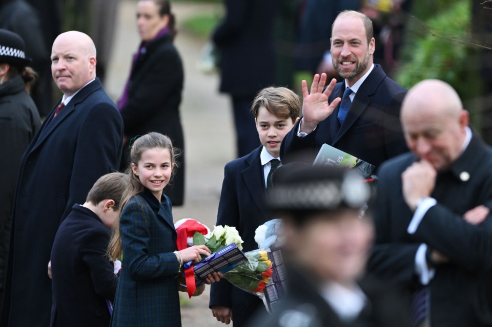 Prince George, Princess Charlotte, and Prince William waving at a Christmas Day church service.