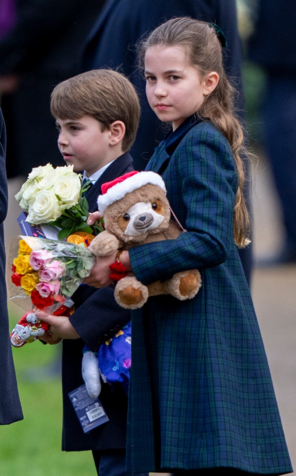 Princess Charlotte and Prince Louis attend the Christmas Morning Service at St Mary Magdalene Church on December 25, 2024 in Sandringham, Norfolk