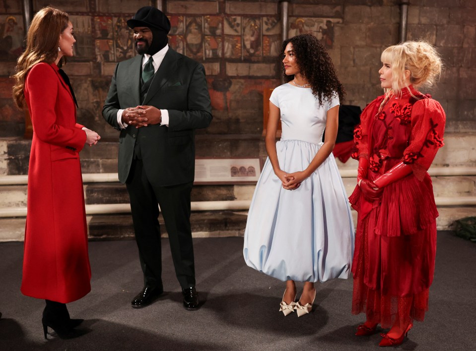 Princess Kate meeting Gregory Porter, Olivia Dean, and Paloma Faith during the carol service this evening