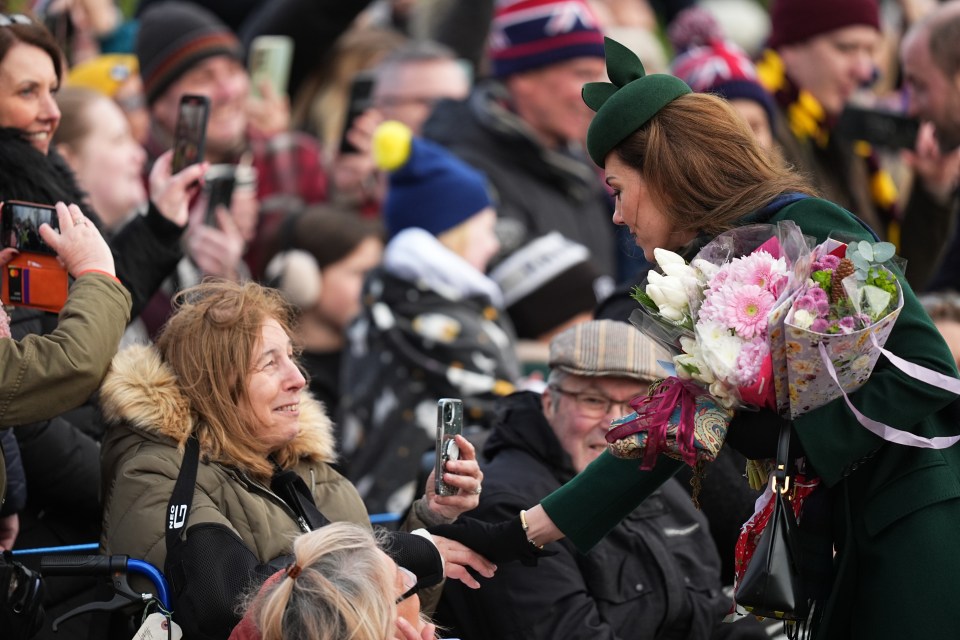 The Princess of Wales greets well-wishers after a Christmas Day church service.