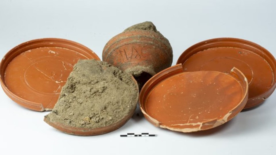 The remains were found alongside a number of bowls, plates and even a bronze skin scraper believed to belong to Flaccus