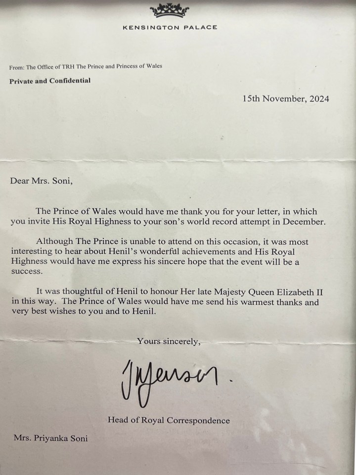 The schoolboy has since received a letter from Kensington Palace