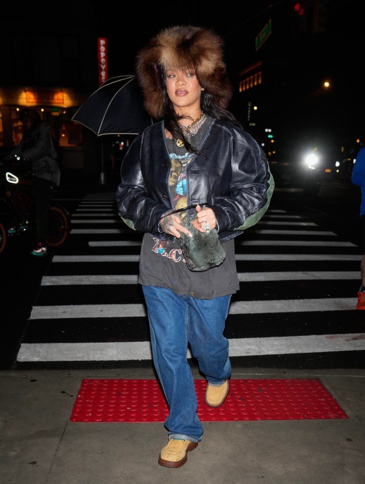 Rihanna wore a furry headpiece during a chilly evening out in New York