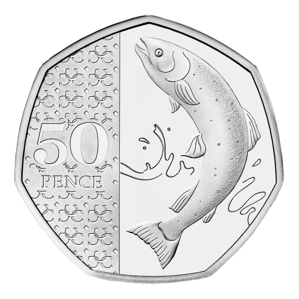 50 pence coin depicting an Atlantic salmon.