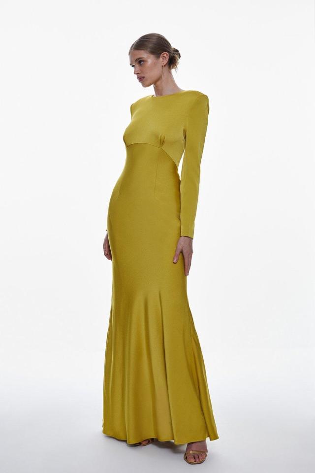 Sage satin-back crepe long-sleeved midi dress.