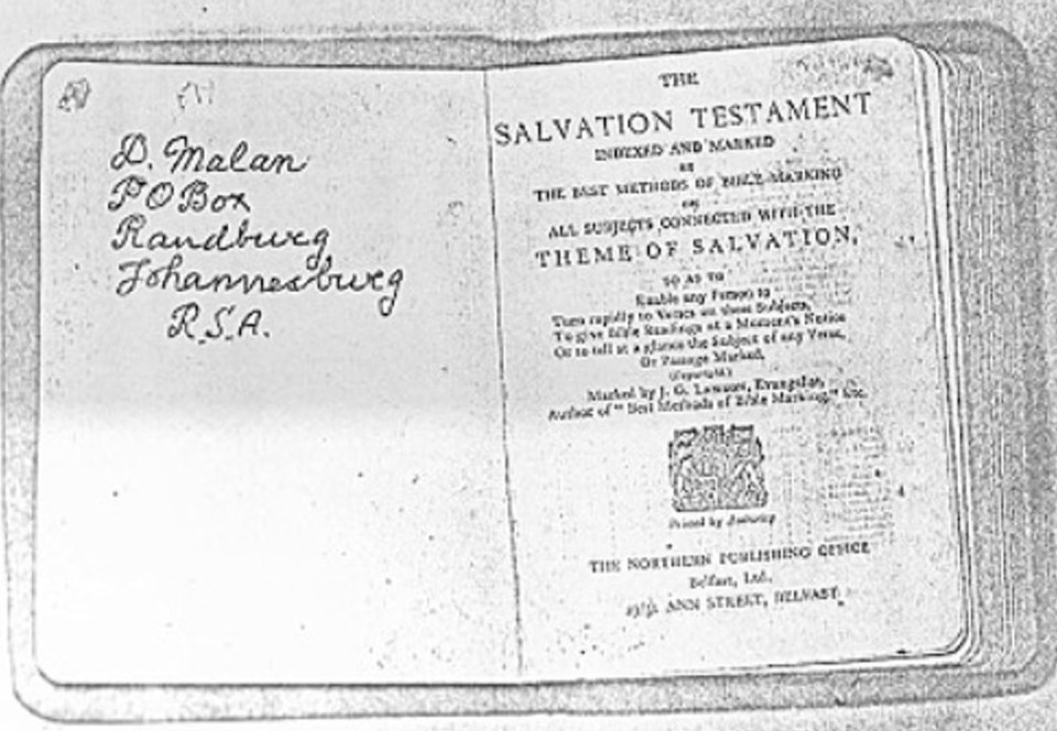 A Salvation Testament inscribed with "D. Malan, PO Box, Randburg, Johannesburg, RSA".