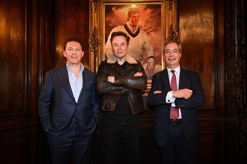 Nigel Farage, Elon Musk, and Nick Candy at a meeting.