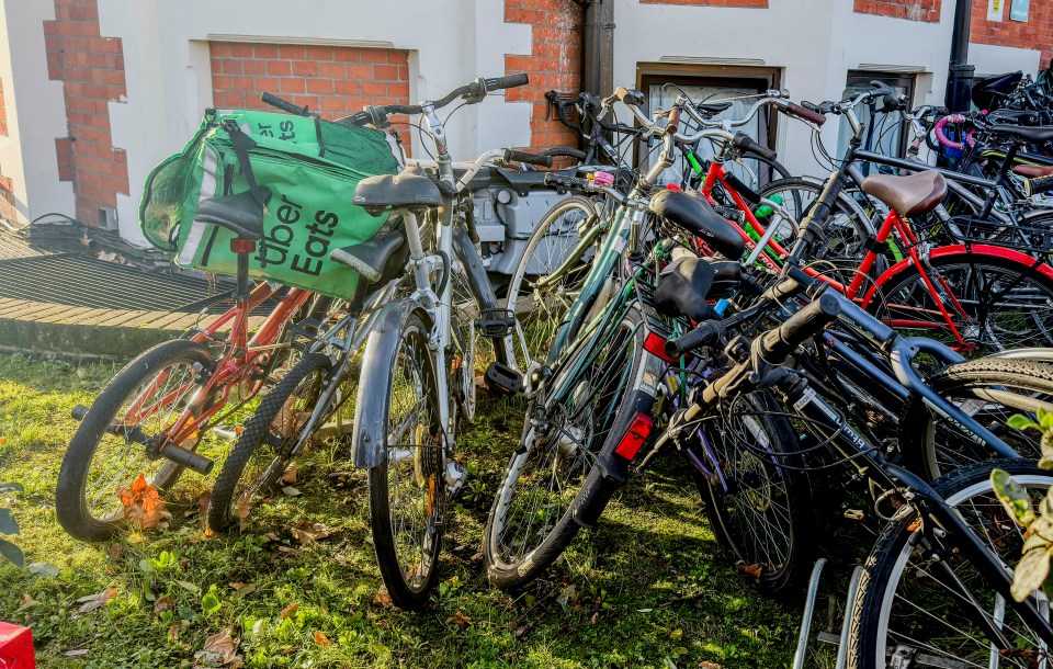 An Uber Eats bike bag outside a South London migrants’ hotel