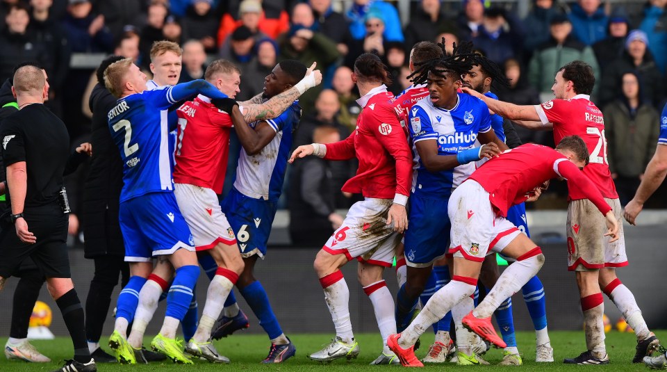 Wrexham and Bristol Rovers players got into a heated brawl