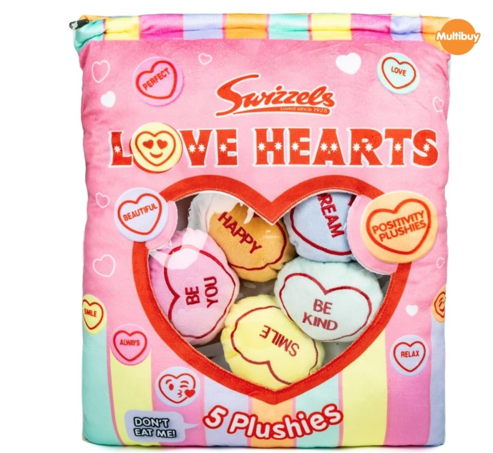 Swizzels Love Hearts plush toy bag with five heart-shaped plushies.