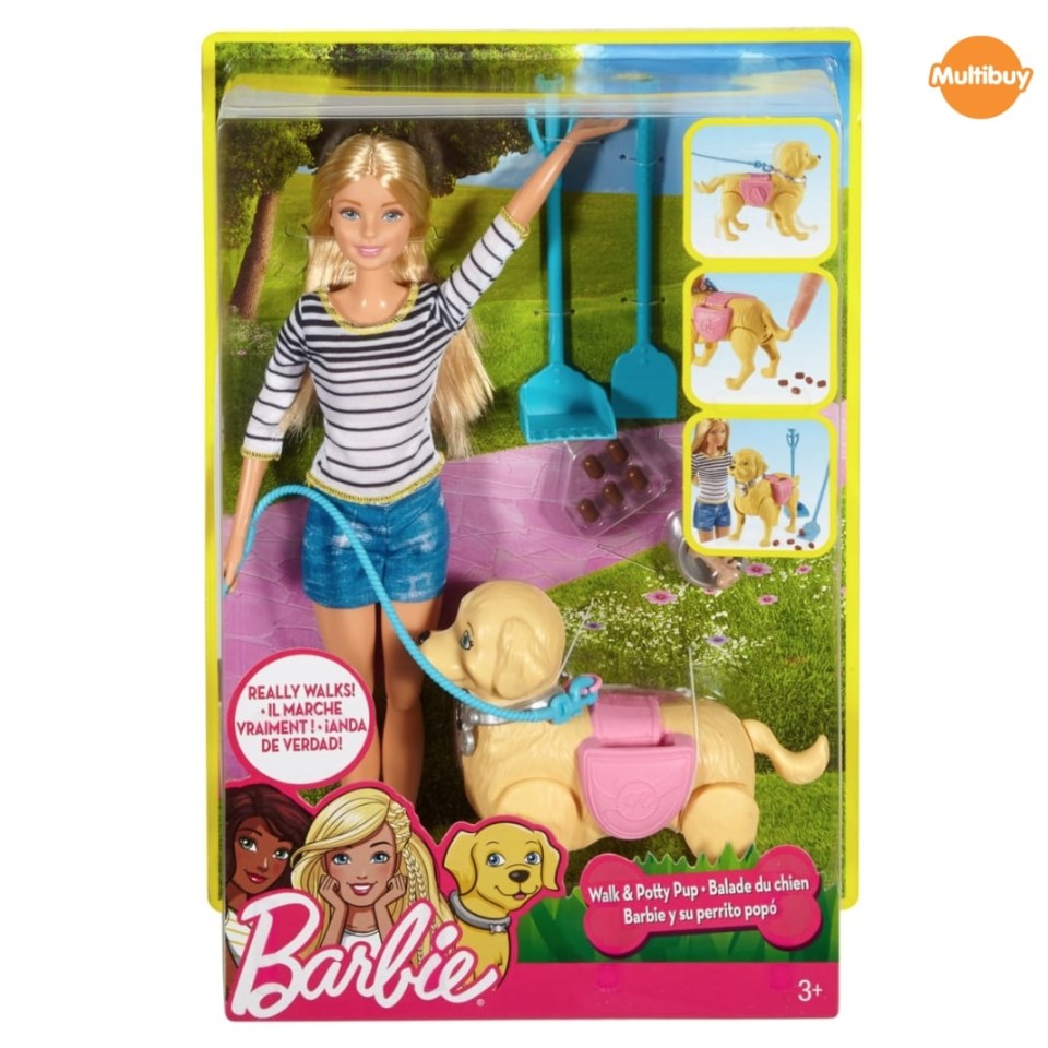 Barbie doll and walking puppy toy playset.