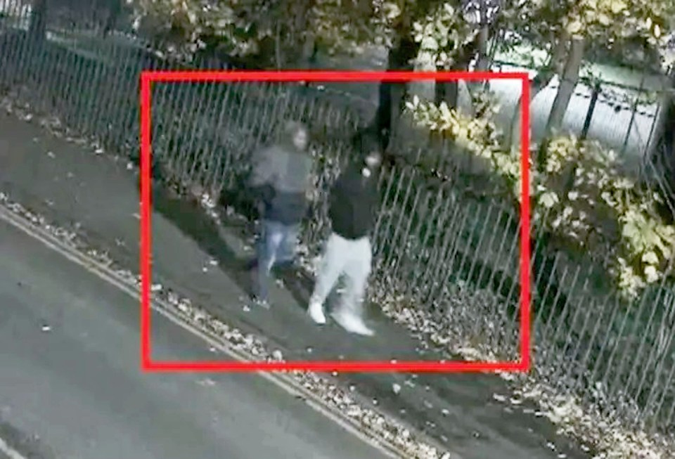 CCTV footage of two suspects walking near a fence.