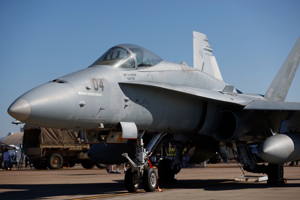 A U.S. Marine McDonnell Douglas F/A-18C Hornet is displayed at the Marine Corps Air Station Miramar