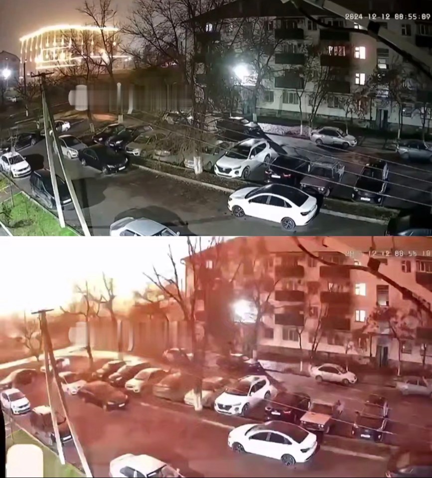 Before and after images of a Ukrainian drone strike on a Chechen police barracks in Grozny.