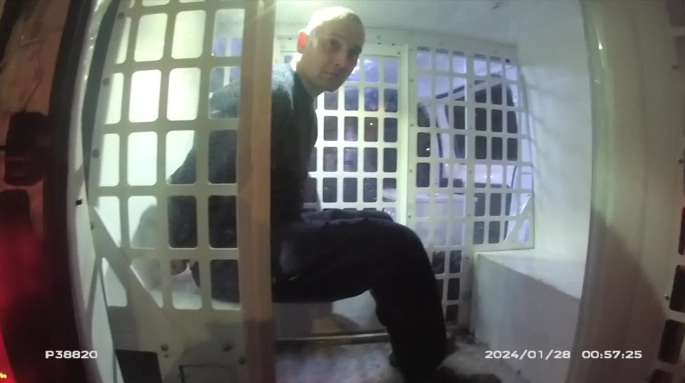 Screengrab of Antony Snook in a police van cage following his conviction for murder.