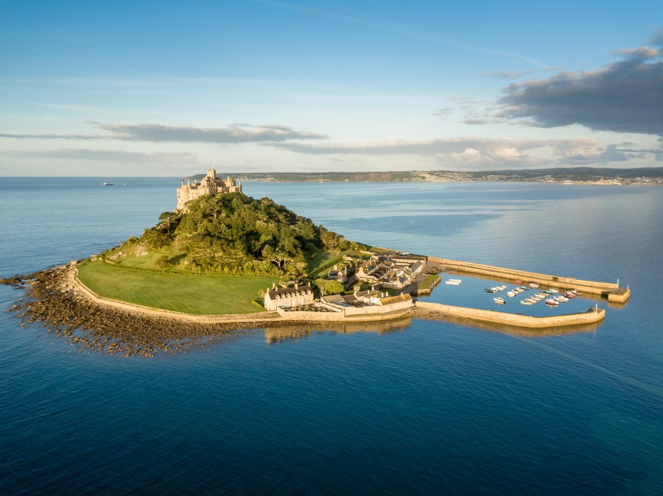 Aerial view of St Michael's Mount in Cornwall, UK.