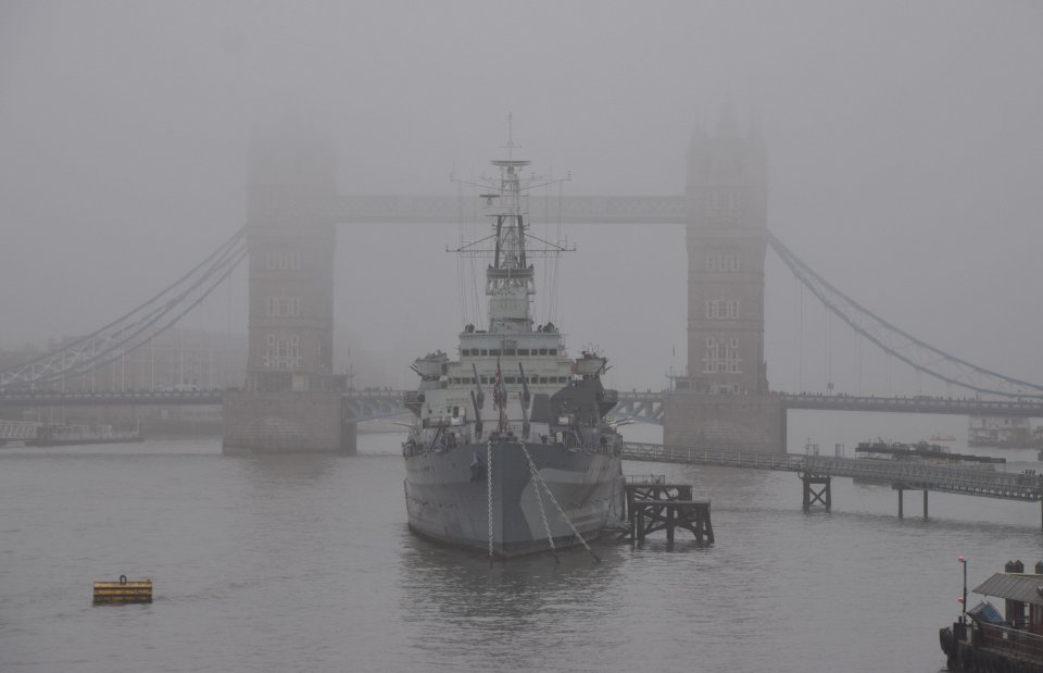 Foggy scenes in London today at Tower Bridge