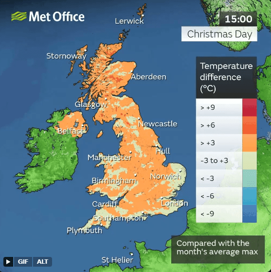 UK weather map showing temperature difference from average on Christmas Day.