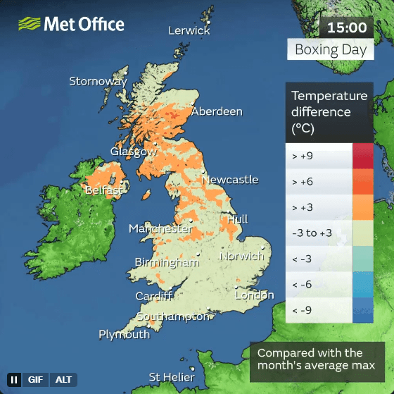 The temperature drops on Boxing Day but even frost is unlikely