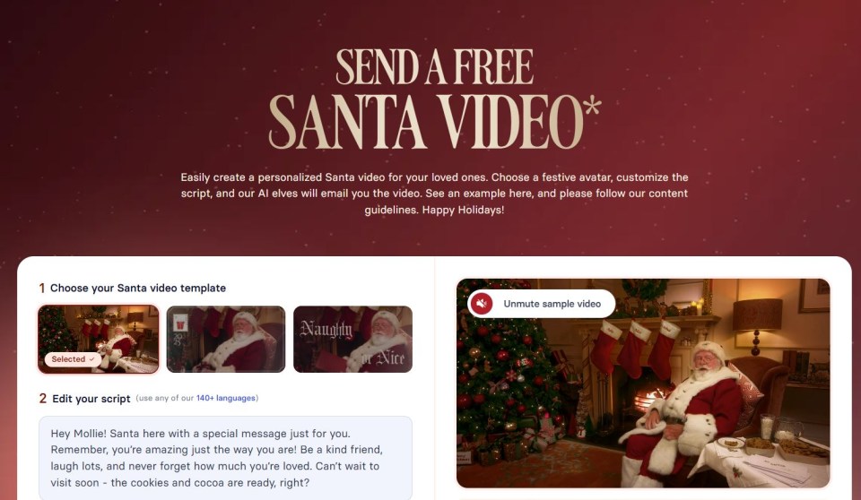 Screenshot of website offering free personalized Santa videos.  Users can choose a template and customize a script.