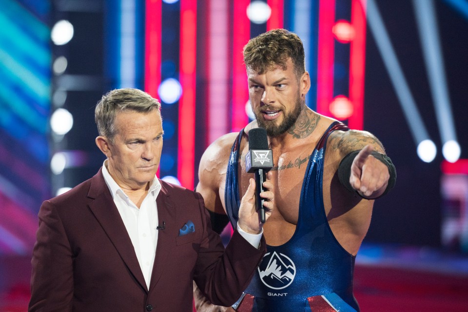 Bradley Walsh interviewing Giant, a Gladiator.