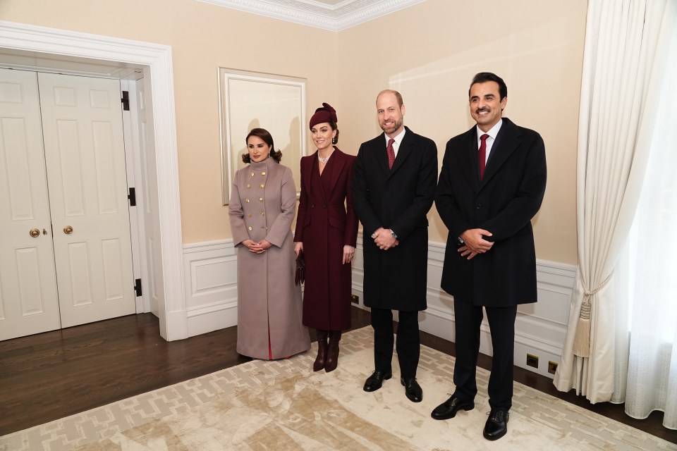 The Prince and Princess of Wales greeting the Emir of Qatar Sheikh Tamim bin Hamad Al Thani (right) and his wife Sheikha Jawaher (left) in, London