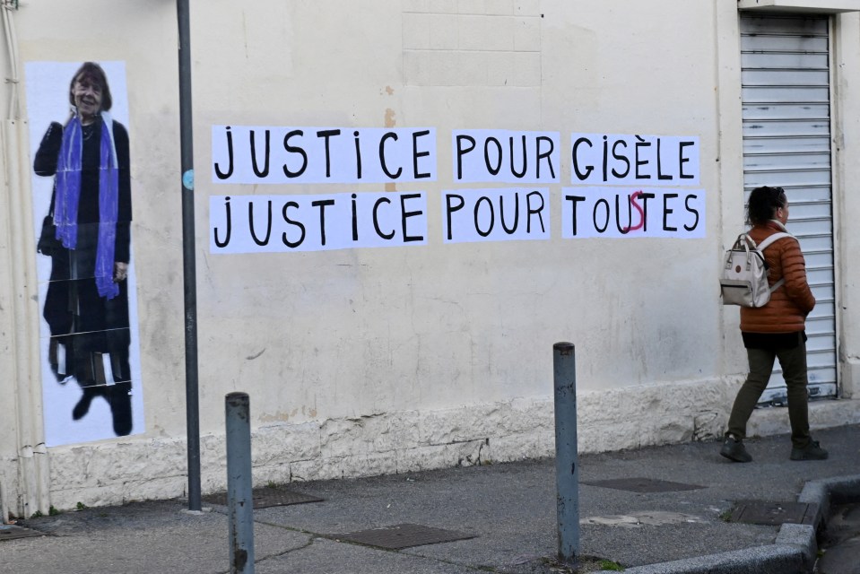 A slogan reads 'Justice for Gisèle, Justice for all' and a collage depicting Gisèle Pelicot on a city wall